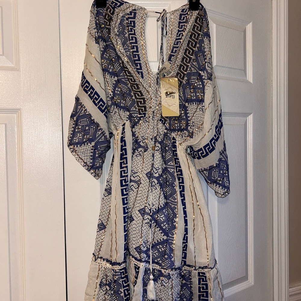 Elegant Long Sleeve Blue and White Dress